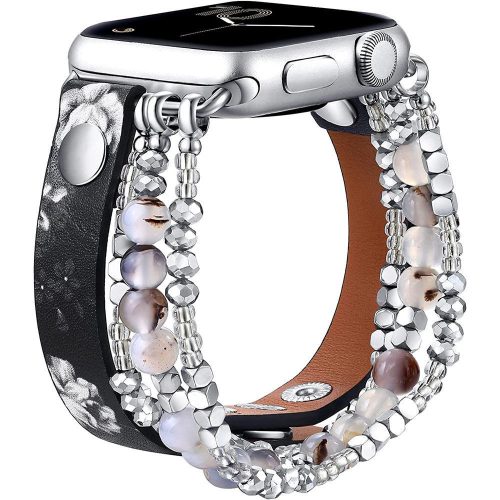 Curea Apple Watch piele cu mărgele - negru-floral /44/45/46 și 49 mm